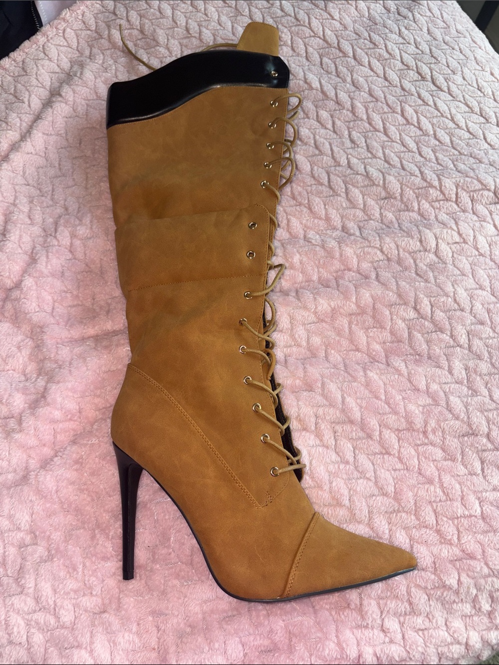 Fashion Nova Tan Lace-Up Over-the-Knee Stiletto Boots